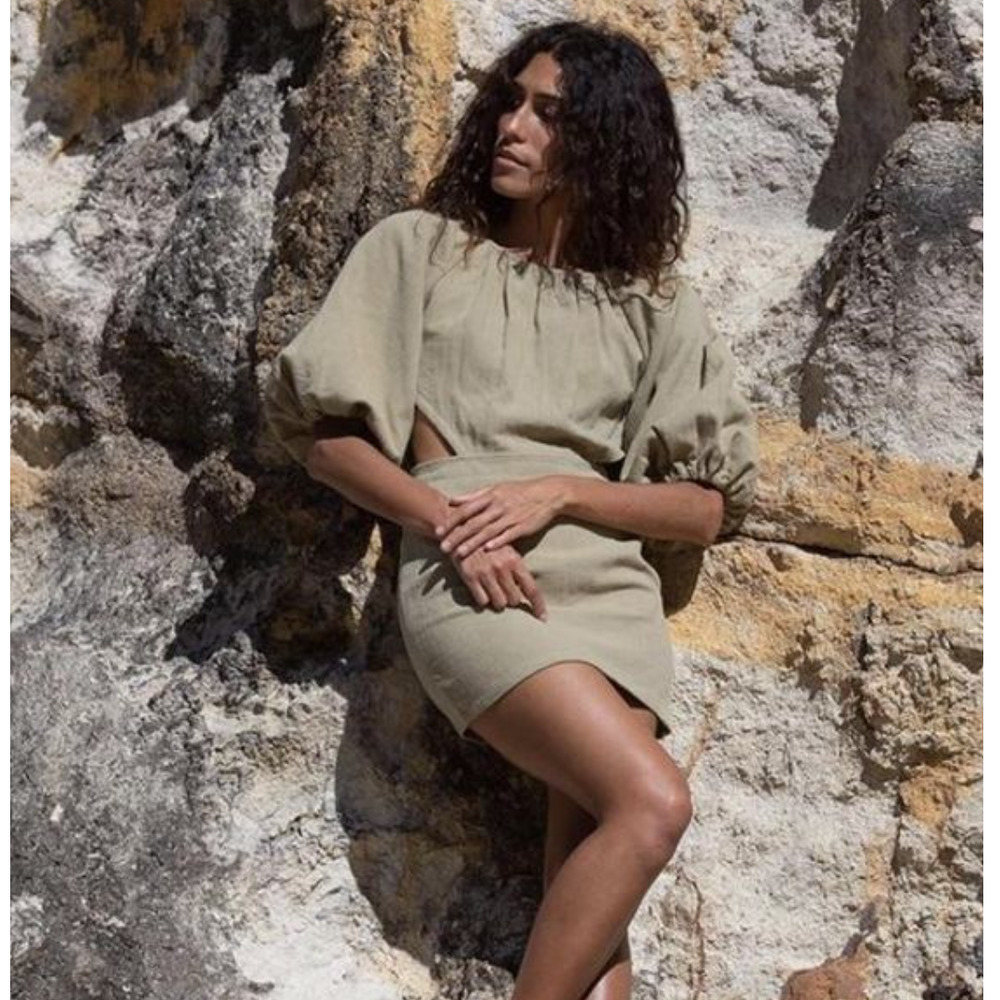 Maurie + Eve Another Day Mini Dress Olive Green XS Puff Sleeves Cut Out Cotton - Picture 2 of 12